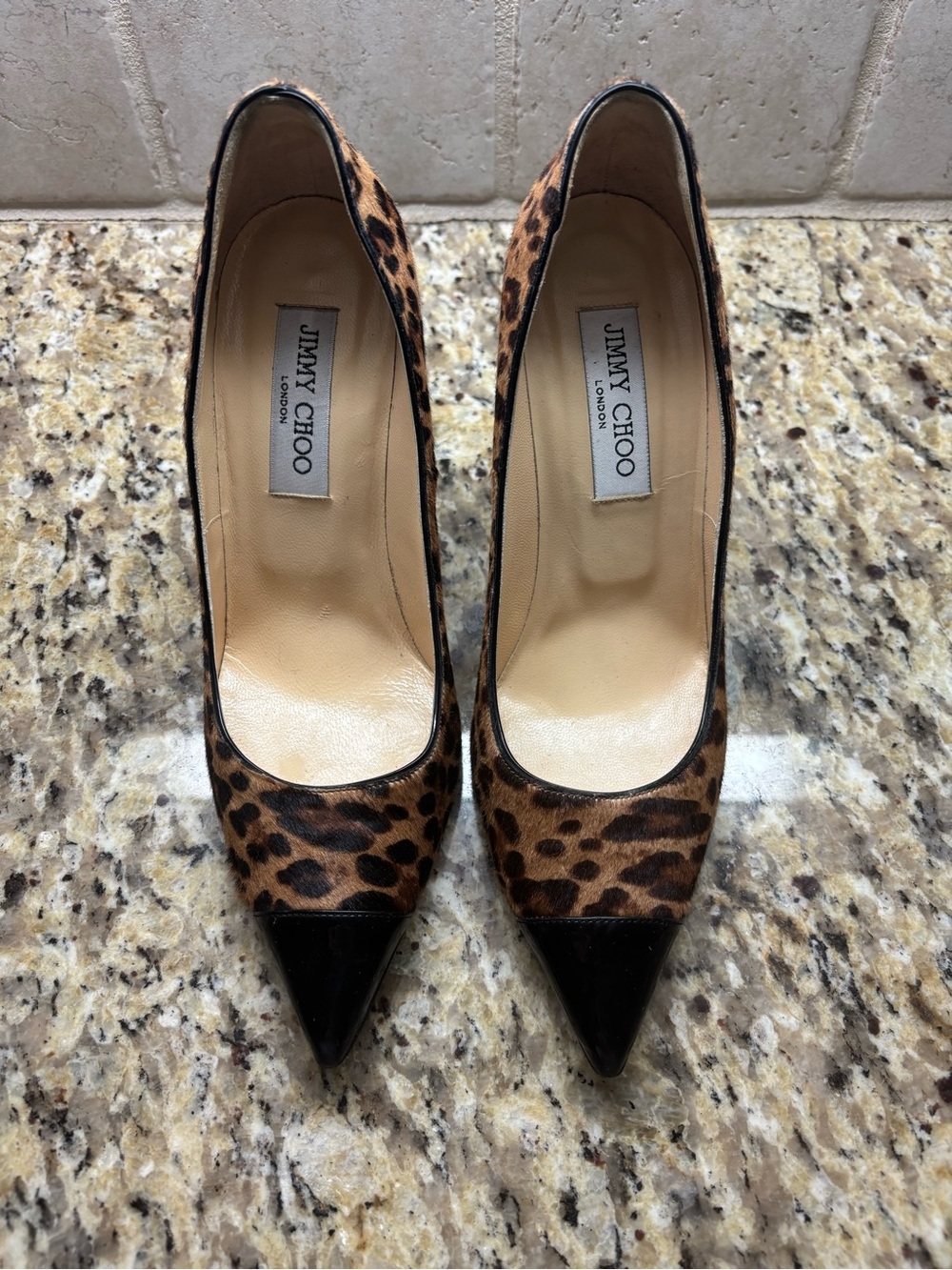 Jimmy Choo Leopard-Print Pumps with Black Patent Pointed Toe - Picture 3 of 9